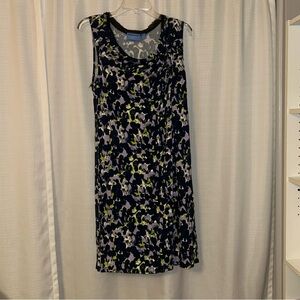 Vera Wang Floral Sleeveless Midi Dress in Navy Blue